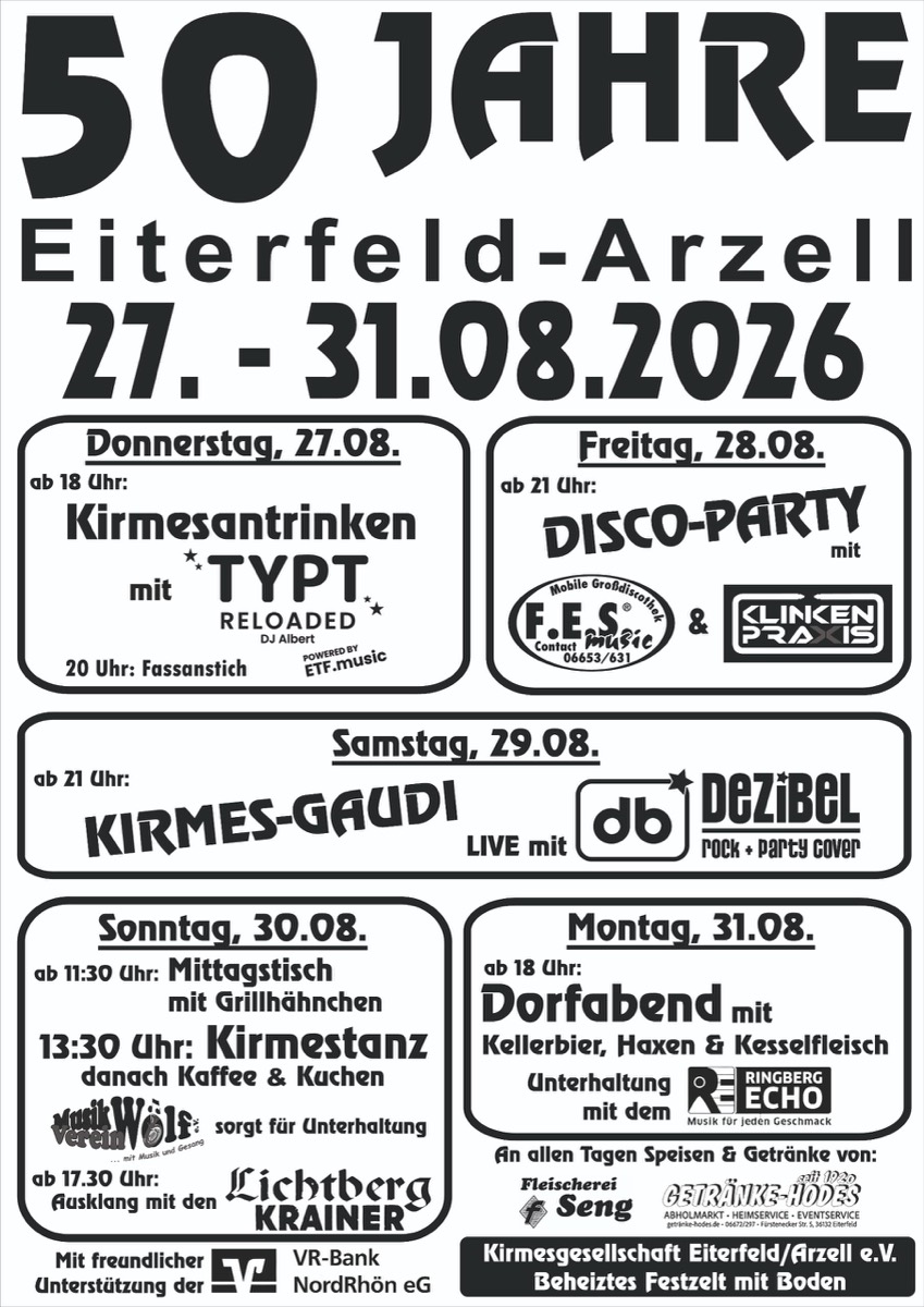 Offizielles Kirmes-Plakat 2026 — 50 Jahre Eiterfeld-Arzell, 27. bis 31. August 2026